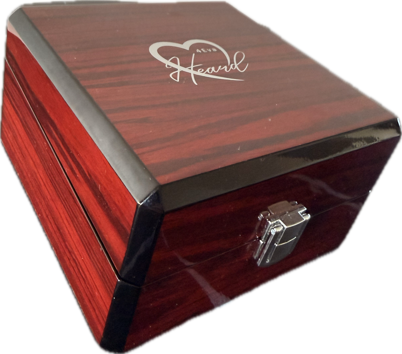 The closed 4Eva Heard keepsake box in polished rosewood, viewed from above